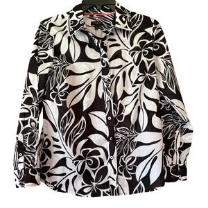 Talbots Women Cotton Top PS Sheer Floral Button Down Shirt Black White Travel